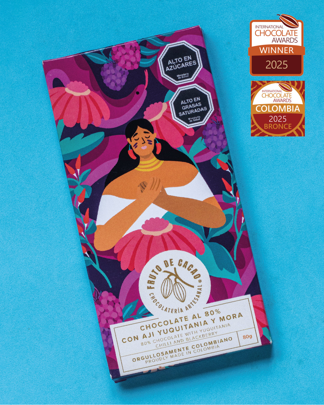 Barra de chocolate 80% con Aji yuquitania y Mora